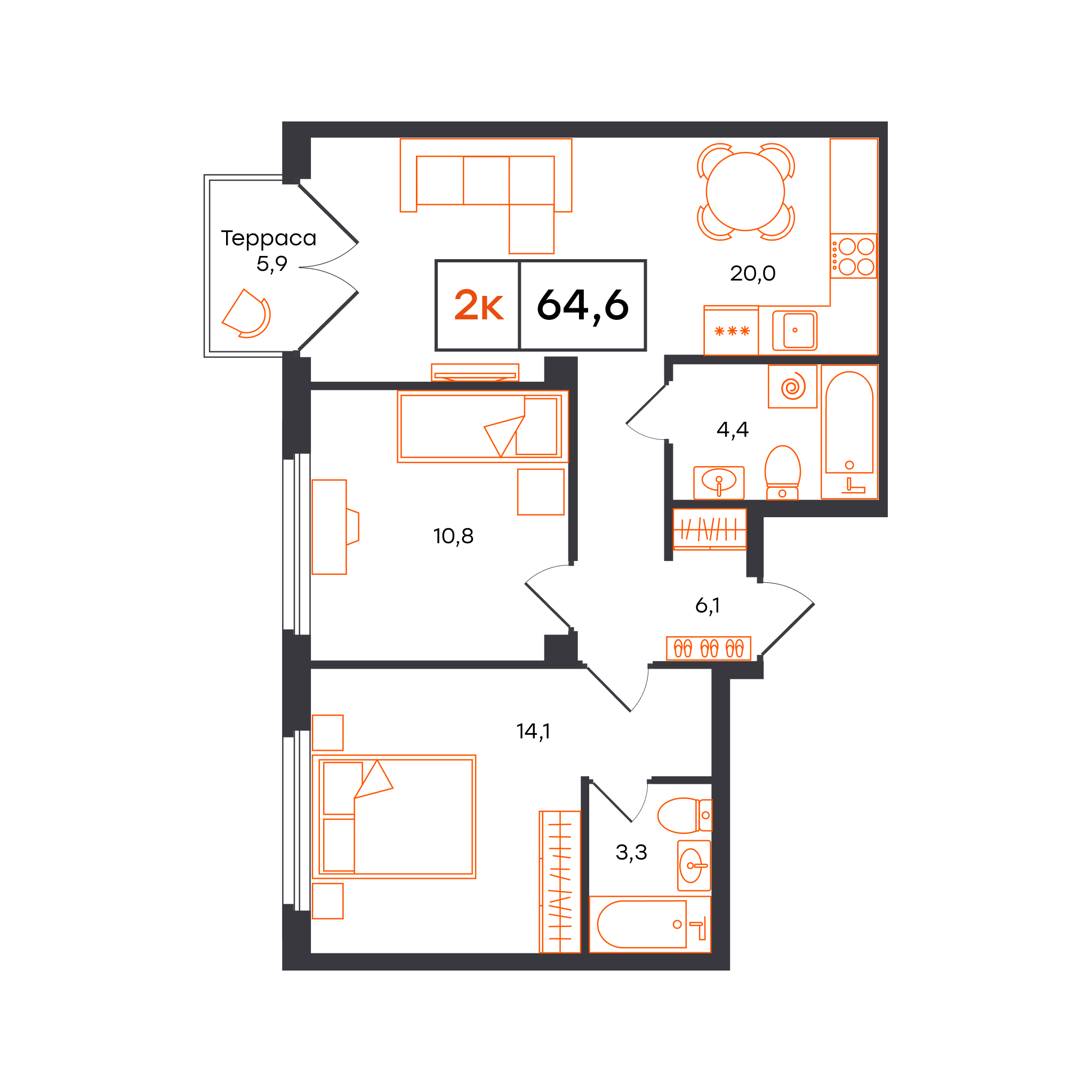 Планировка: Евротрешка 64.6 м² в ЖК Отличие, Комарово Парк