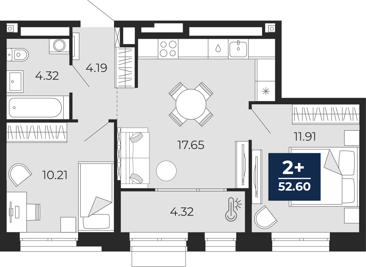 Планировка: Евротрешка 52.6 м² в ЖК Мириады, Мыс