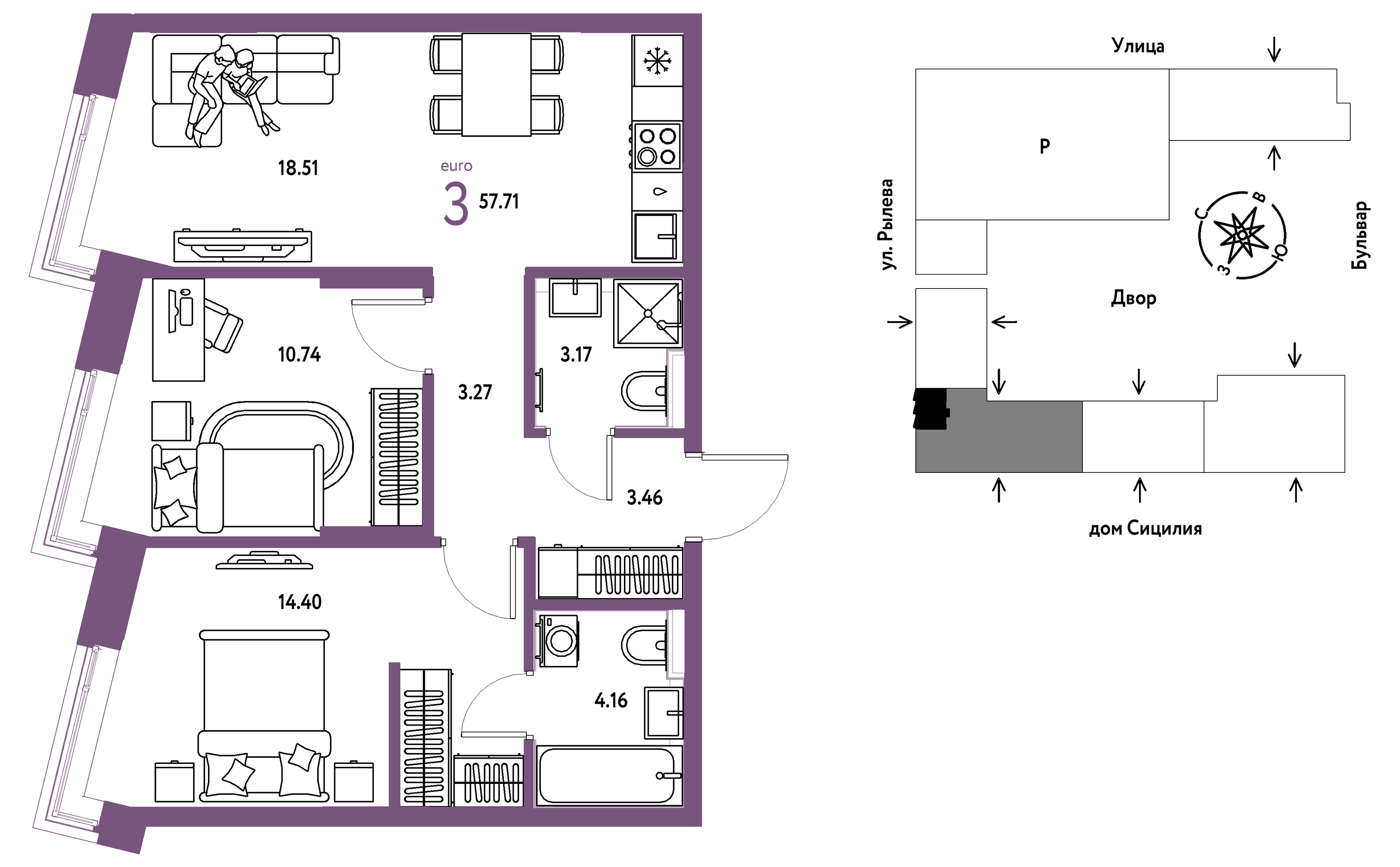 Планировка: Евротрешка 57.7 м² в ЖК Остров-сад, ДОК