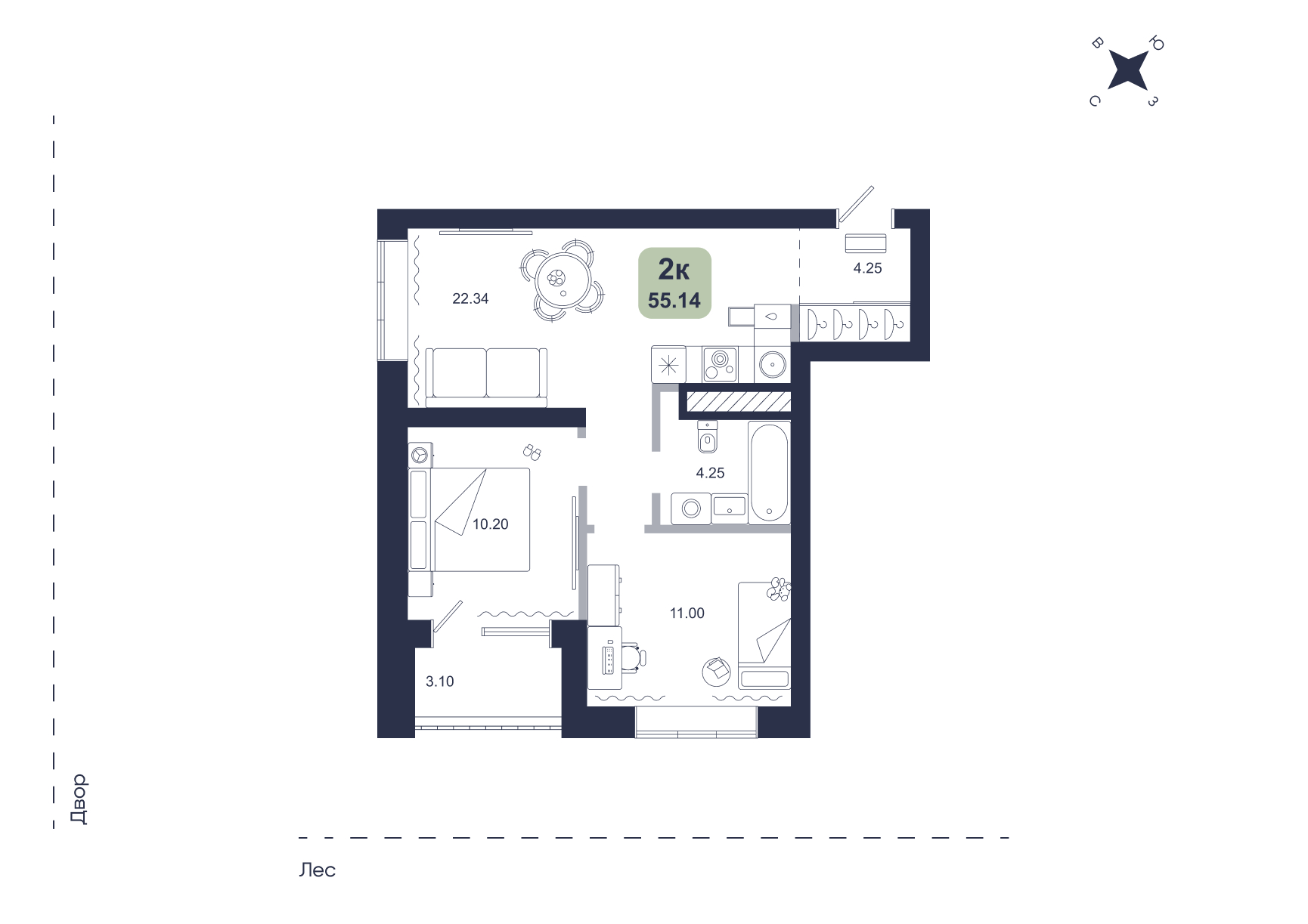 Планировка: Евротрешка 55.1 м² в ЖК Хито, От Слободы до Комарово парк