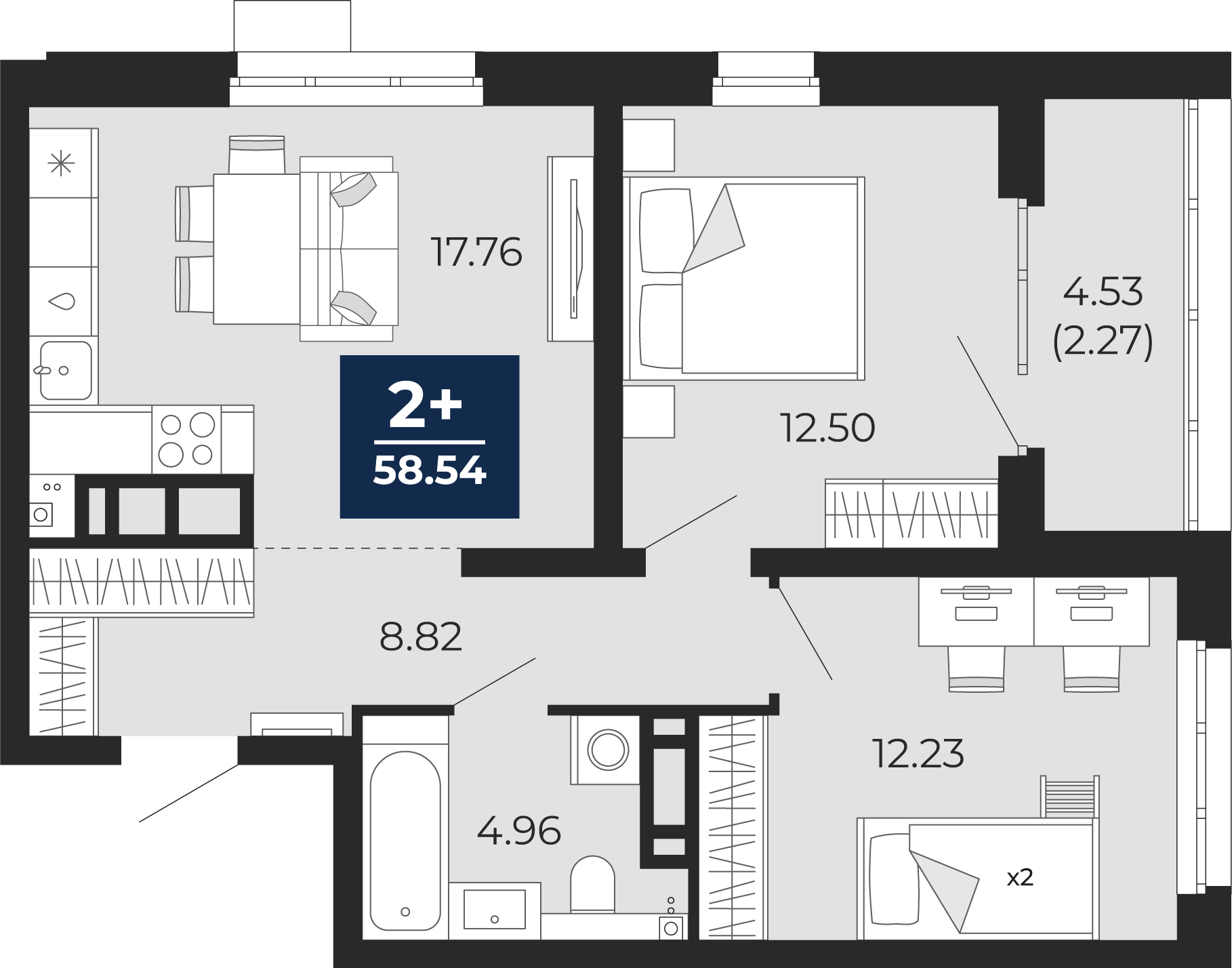 Планировка: Евротрешка 60.8 м² в ЖК Прео, Тюменская слобода