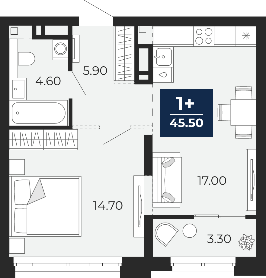 Планировка: Евродвушка 45.5 м² в ЖК Айвазовский, 5-й Заречный