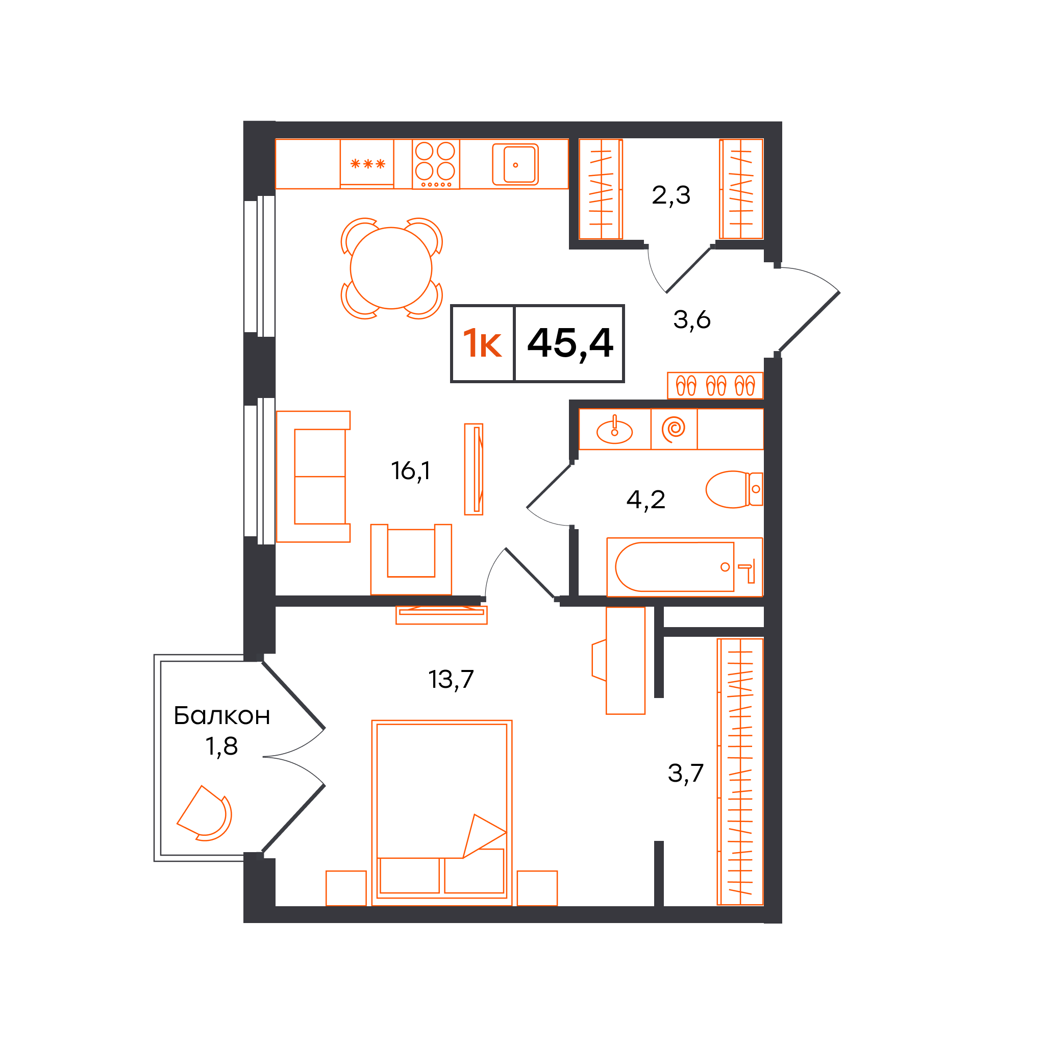 Планировка: Евродвушка 45.4 м² в ЖК Отличие, Комарово Парк