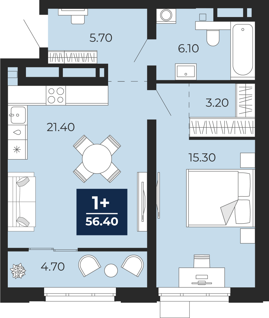 Планировка: Евродвушка 56.4 м² в ЖК Айвазовский, 5-й Заречный
