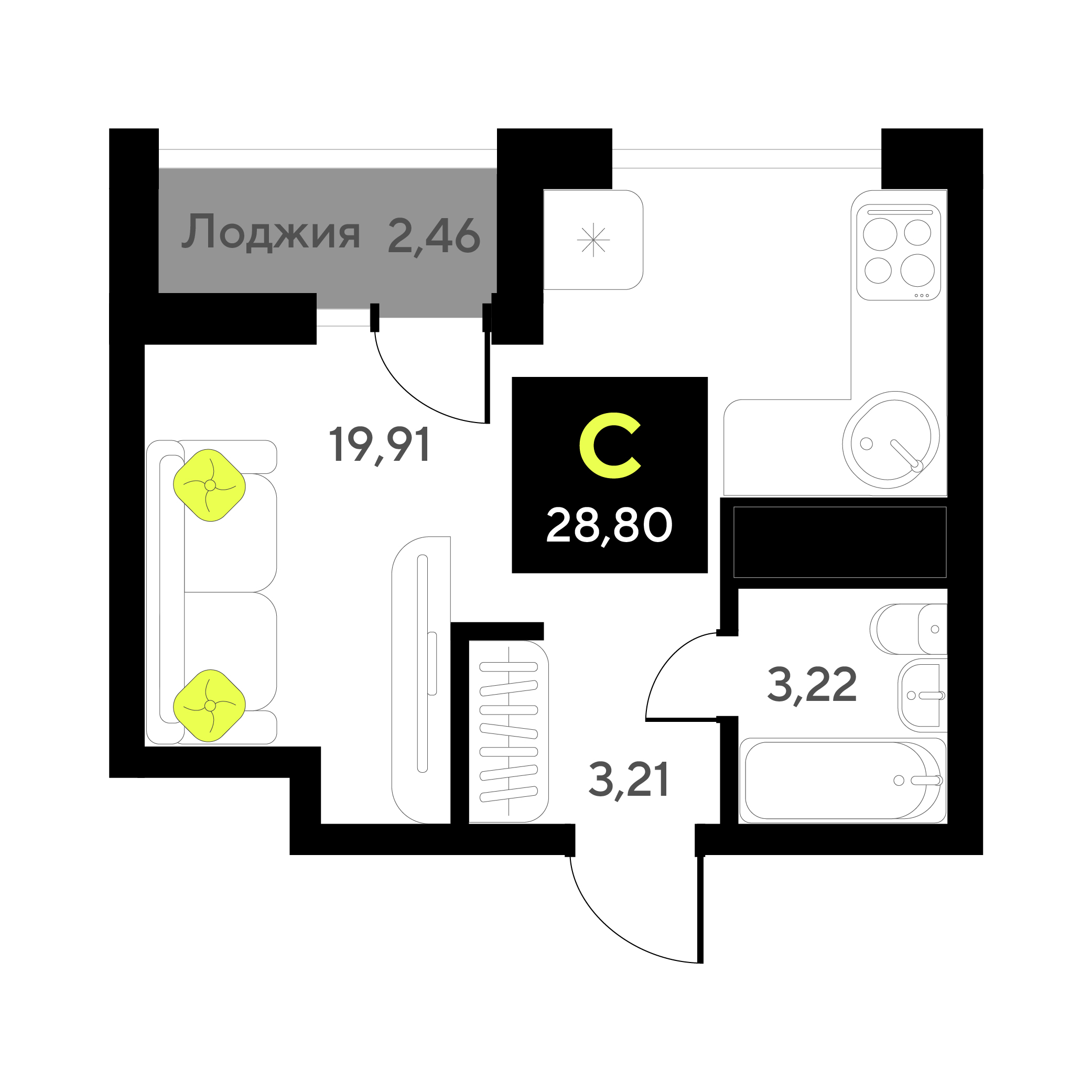 Планировка: Студия 28.8 м² в ЖК Окинава, 5-й Заречный