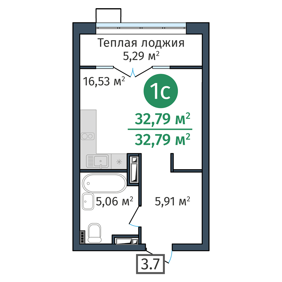 Планировка: Студия 32.8 м² в ЖК DOK, ДОК