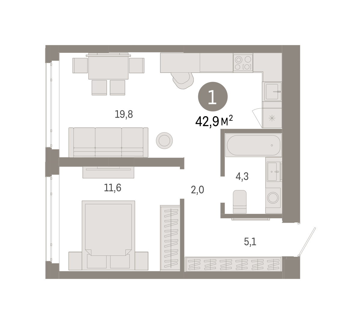 Планировка: Евродвушка 42.9 м² в ЖК Республики 205, Центр: КПД
