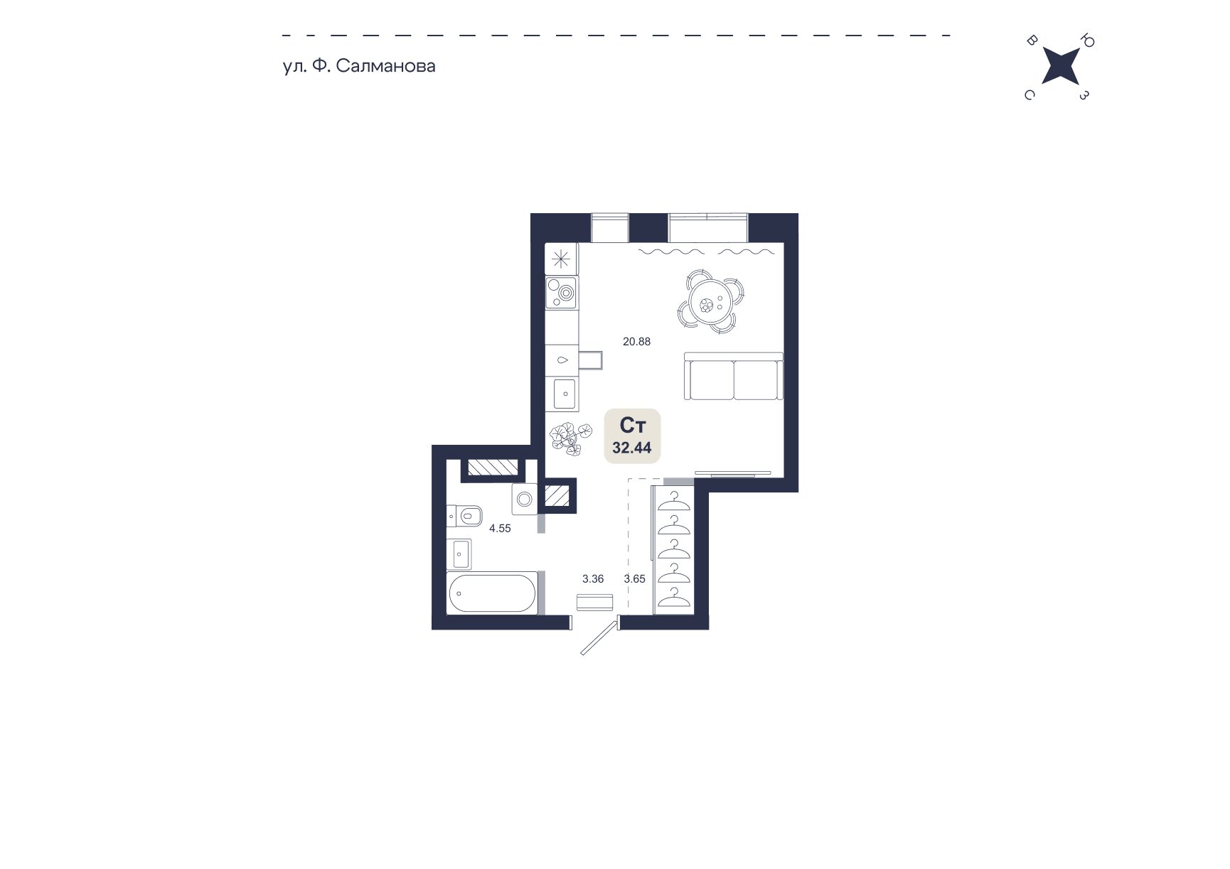 Планировка: Студия 32.4 м² в ЖК Хито, От Слободы до Комарово парк