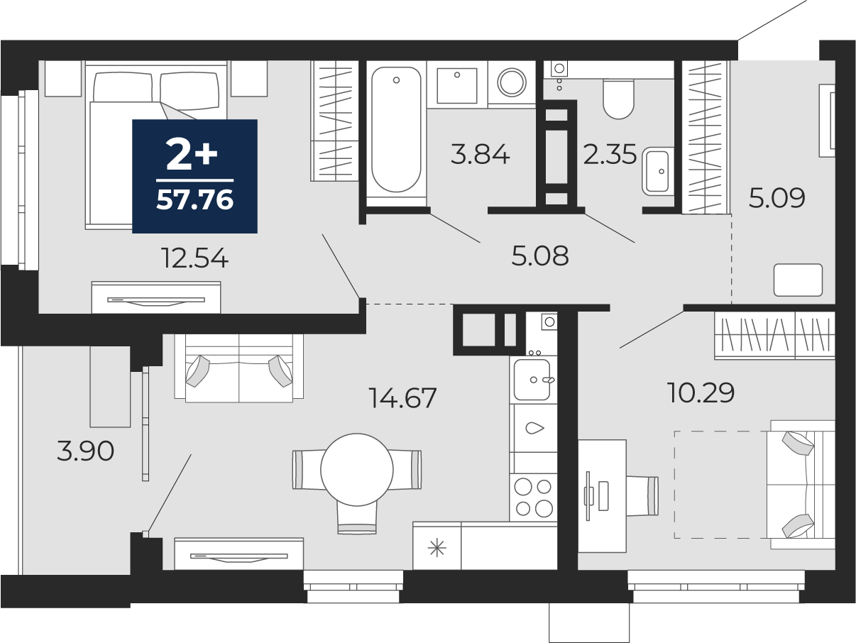 Планировка: Евротрешка 57.8 м² в ЖК Прео, Тюменская слобода
