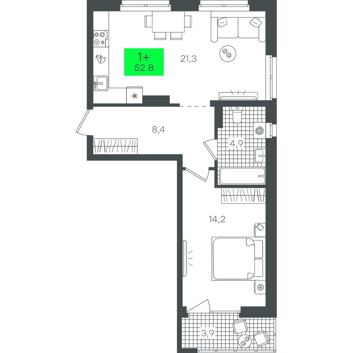 Планировка: 1-комнатная 52.9 м² в ЖК Гранд Квартал, Комарово Парк