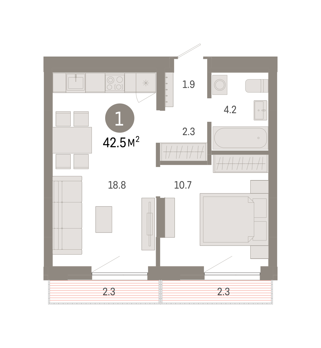 Планировка: Евродвушка 42.5 м² в ЖК Октябрьский на Туре, ДОК