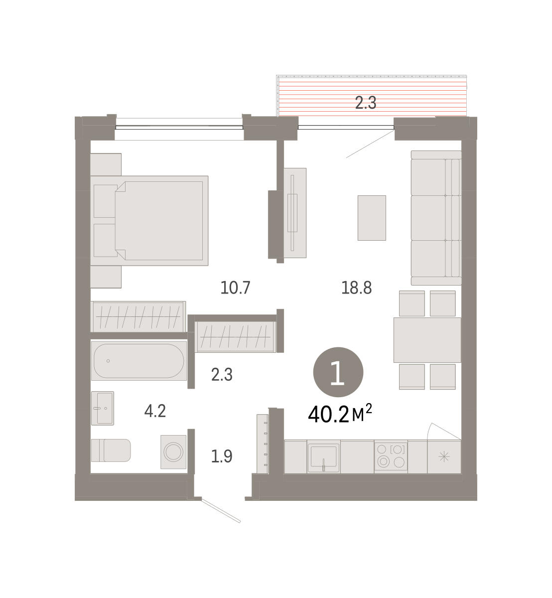 Планировка: 1-комнатная 40.2 м² в ЖК Октябрьский на Туре, ДОК