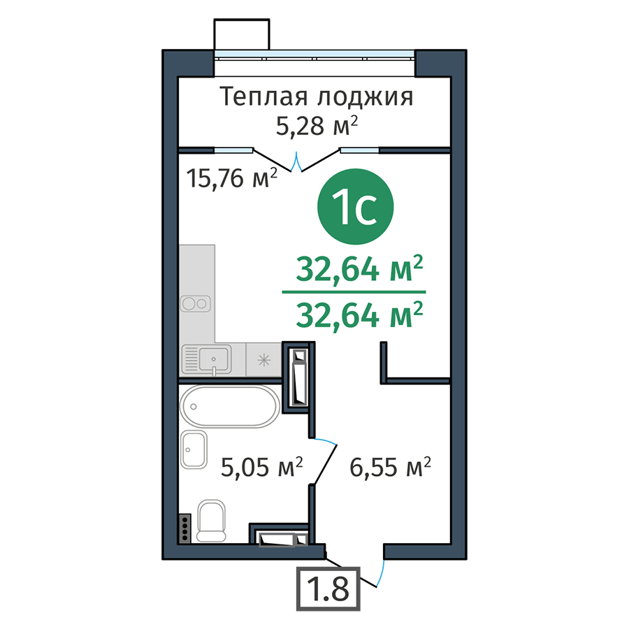 Планировка: Студия 32.6 м² в ЖК DOK, ДОК
