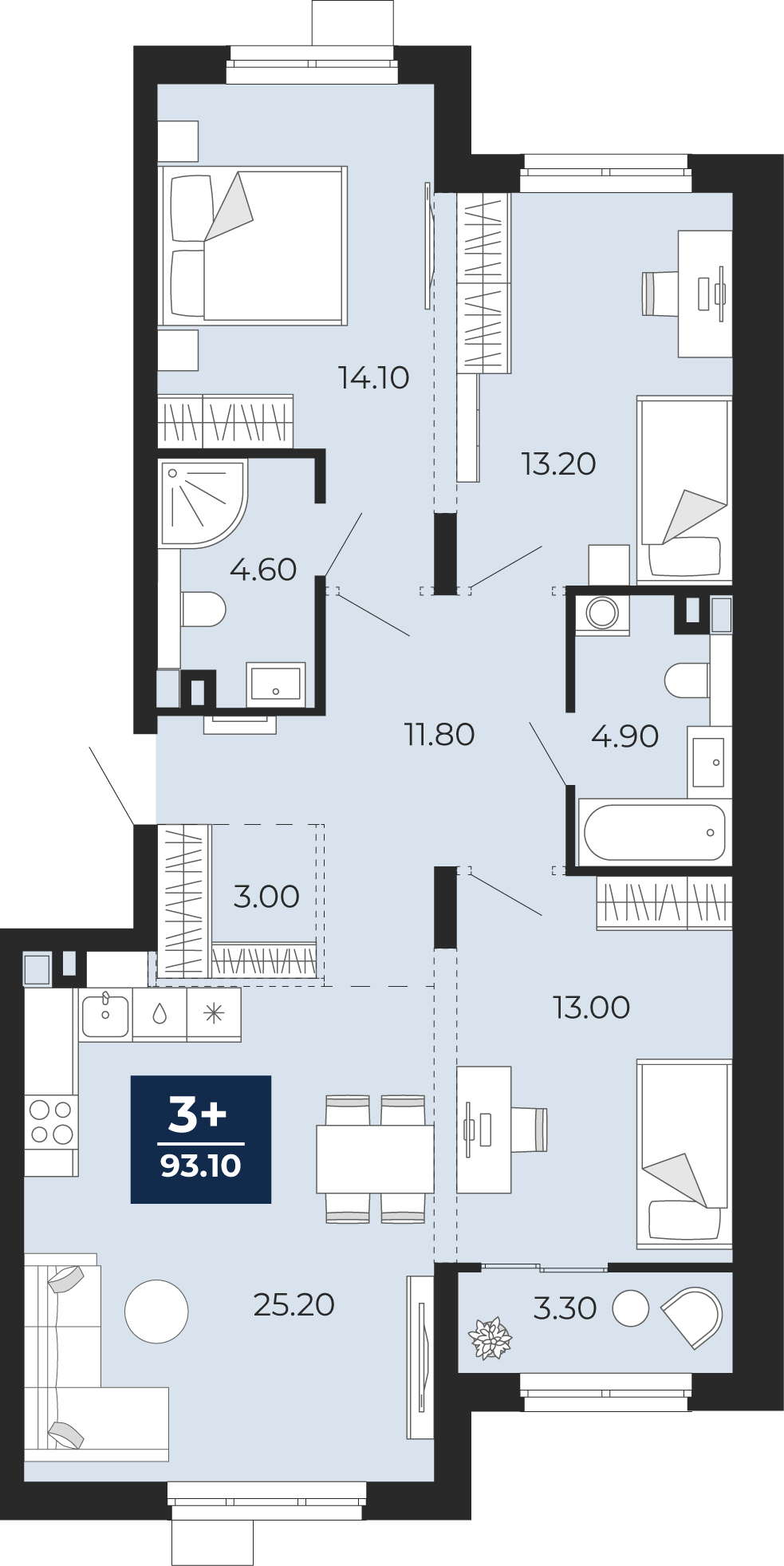 Планировка: 4-комнатная евро 93.1 м² в ЖК Айвазовский, 5-й Заречный