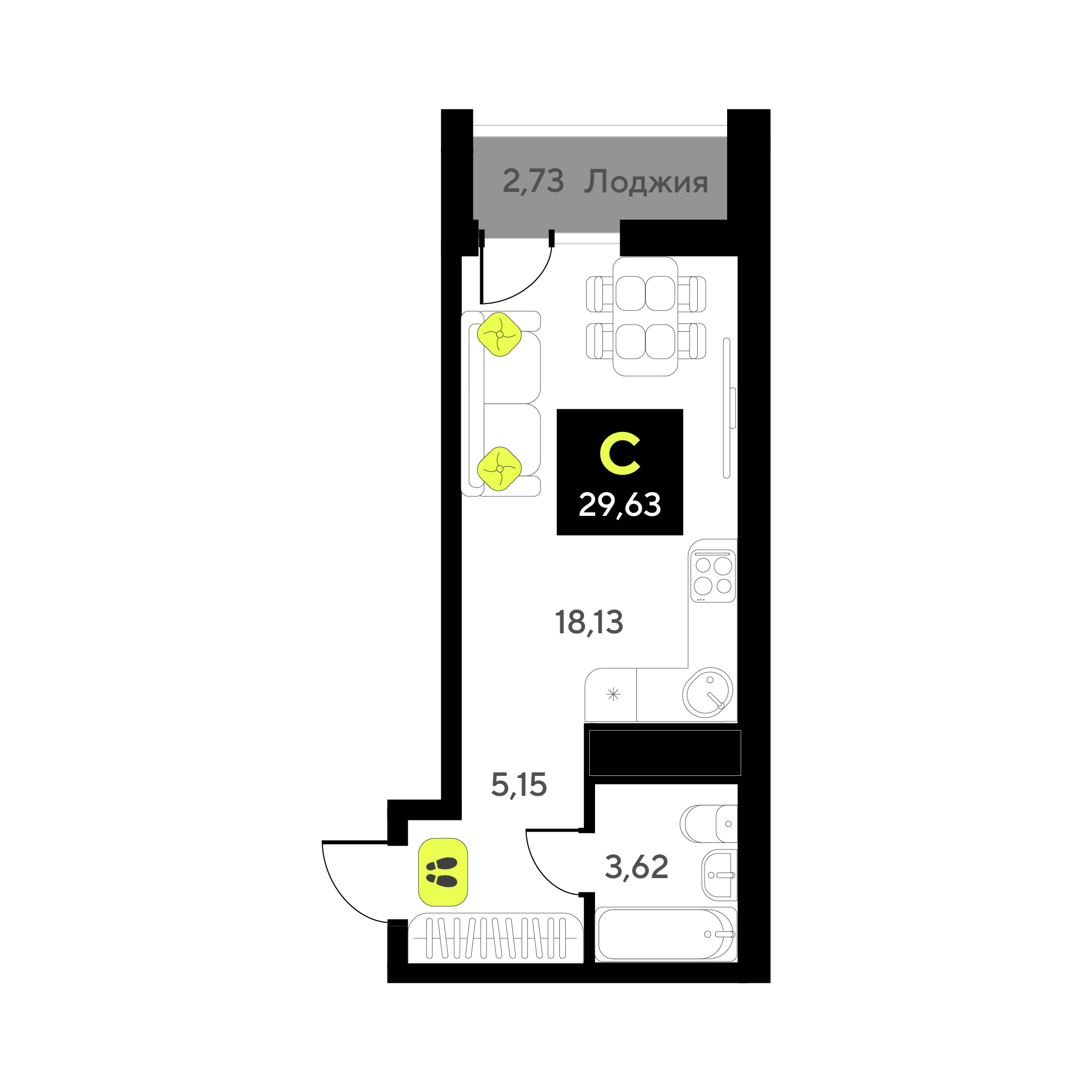 Планировка: Студия 29.6 м² в ЖК Окинава, 5-й Заречный