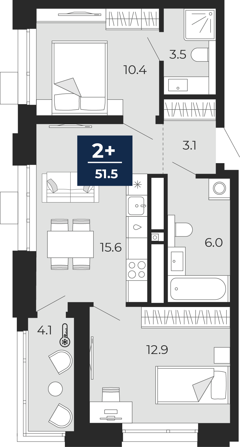 Планировка: Евротрешка 56.5 м² в ЖК Мириады, Мыс