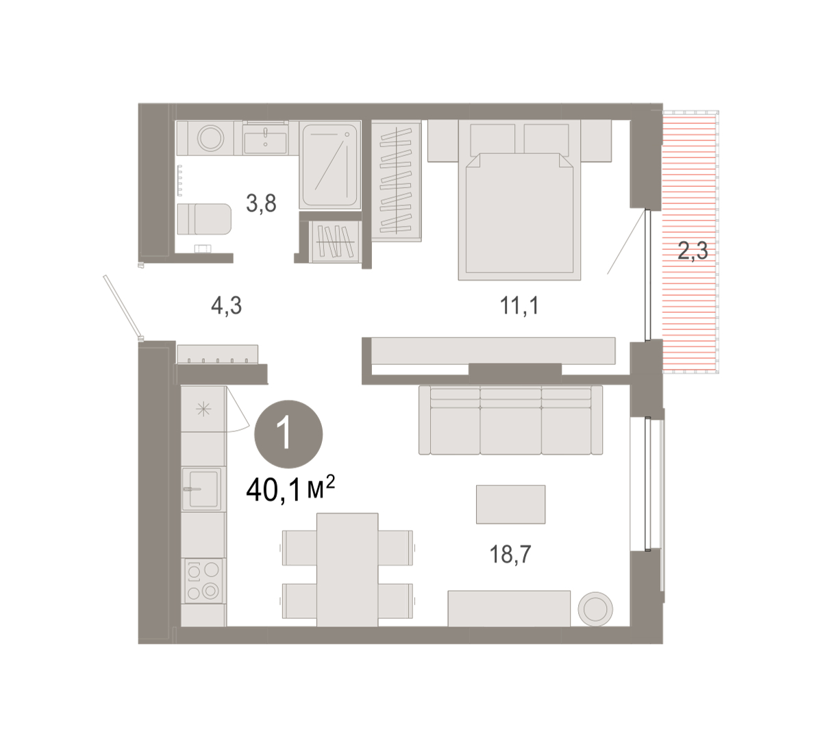 Планировка: 1-комнатная 40.1 м² в ЖК Октябрьский на Туре, ДОК