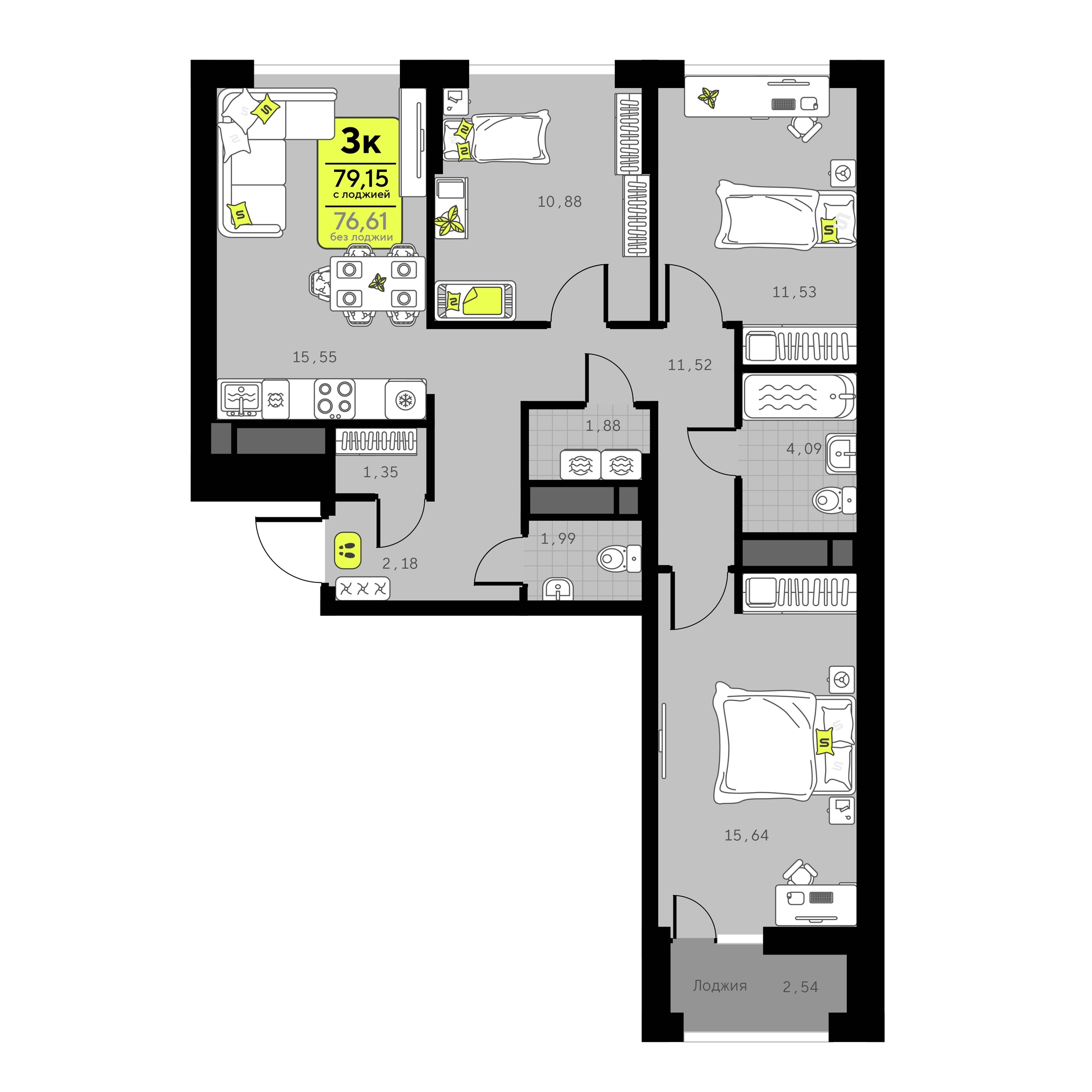 Планировка: 3-комнатная 79.2 м² в ЖК Мотивы, От Плеханова до Южного