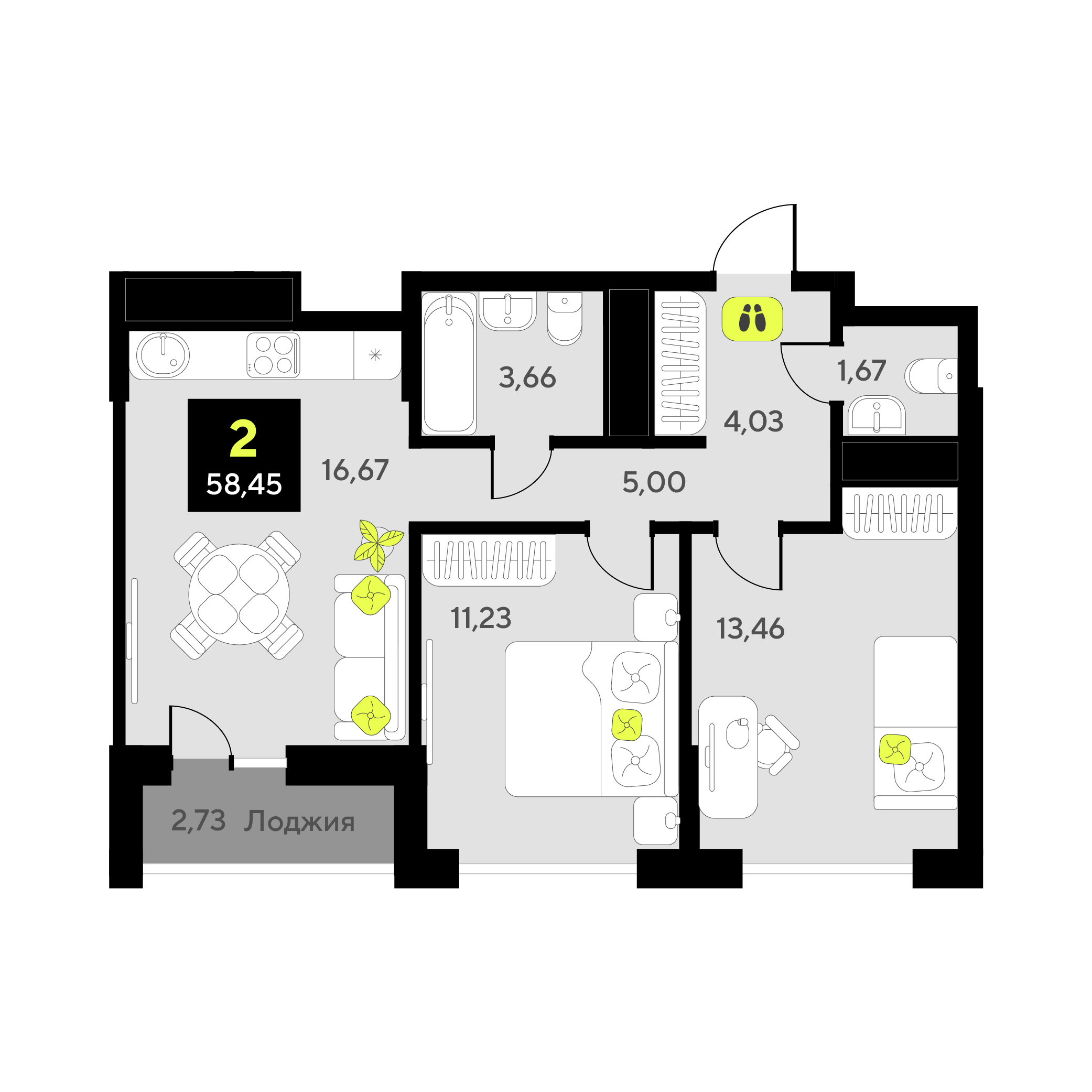 Планировка: Евротрешка 58.5 м² в ЖК Окинава, 5-й Заречный