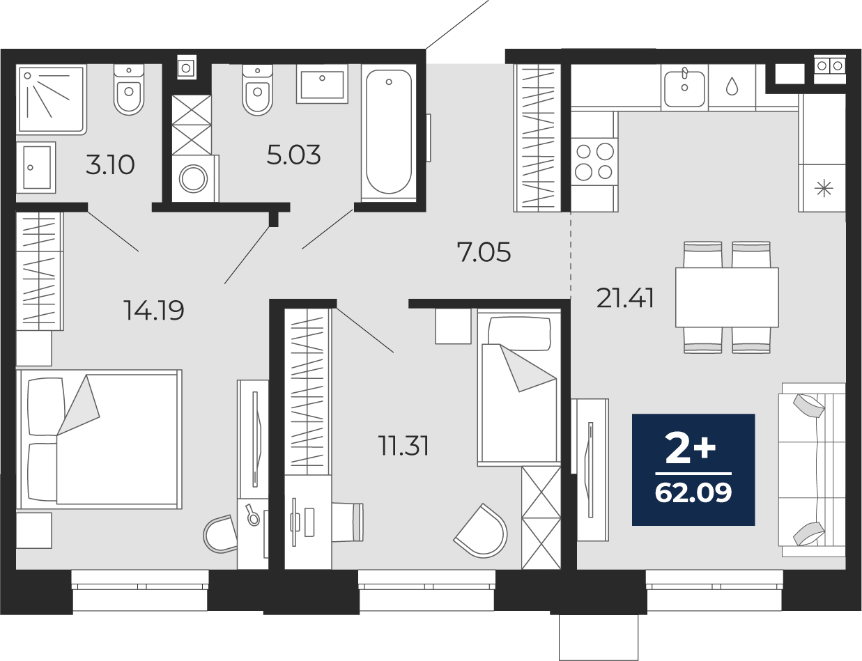 Планировка: Евротрешка 62.1 м² в ЖК Мириады, Мыс
