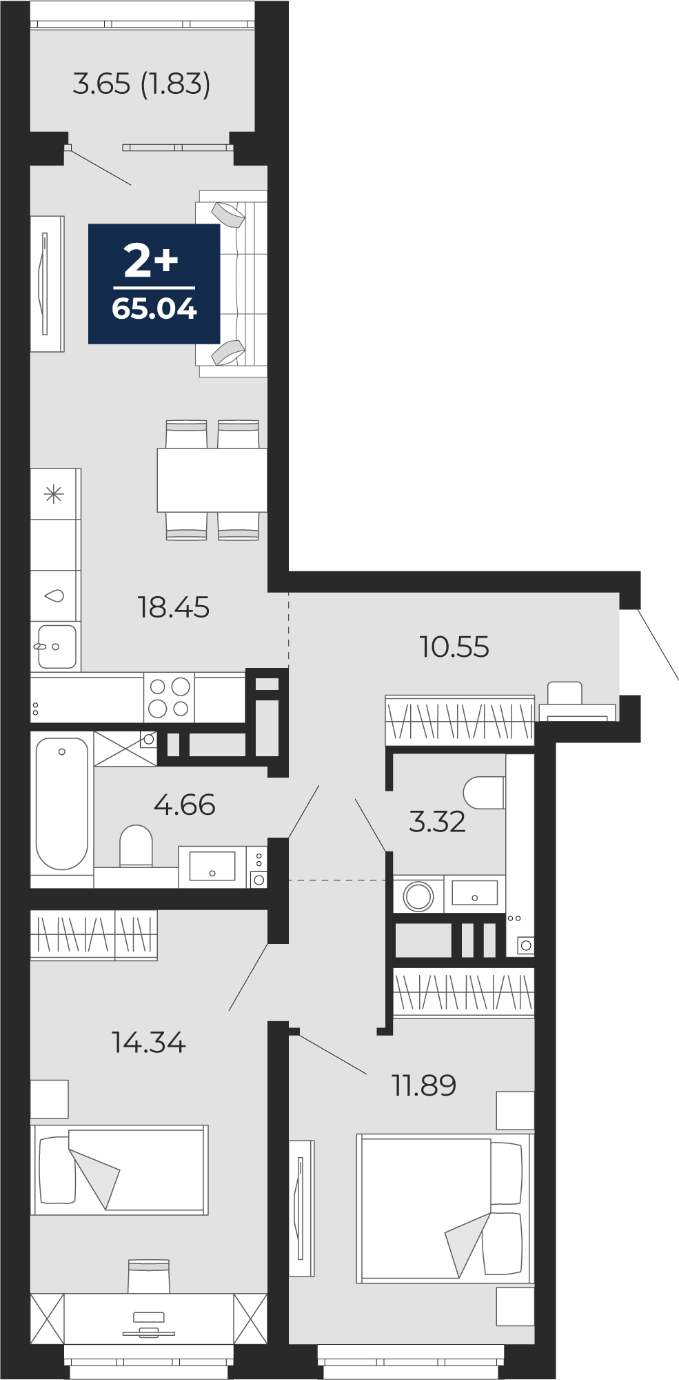 Планировка: Евротрешка 66.9 м² в ЖК Прео, Тюменская слобода