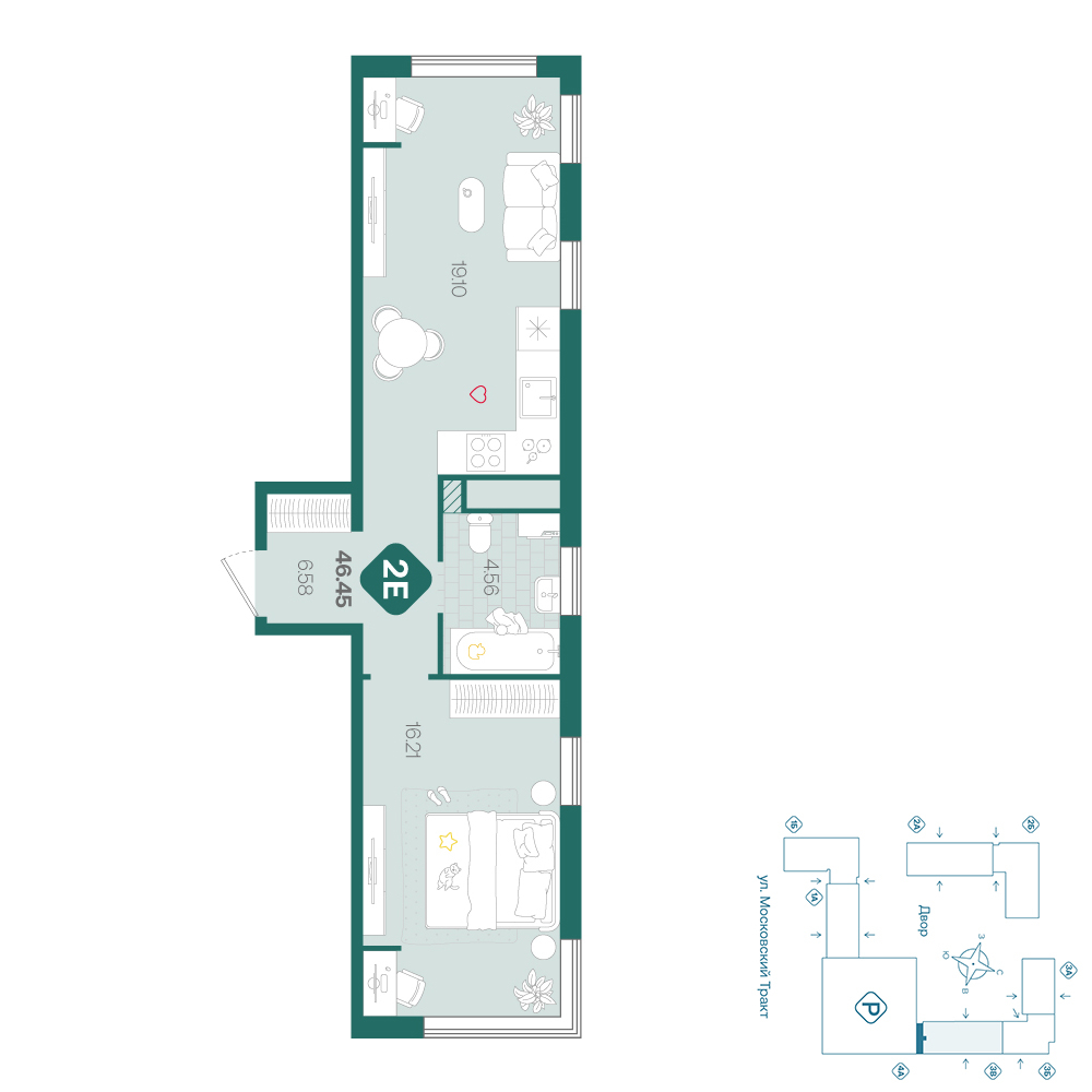 Планировка: Евродвушка 46.5 м² в ЖК Сибирский, Московский тракт
