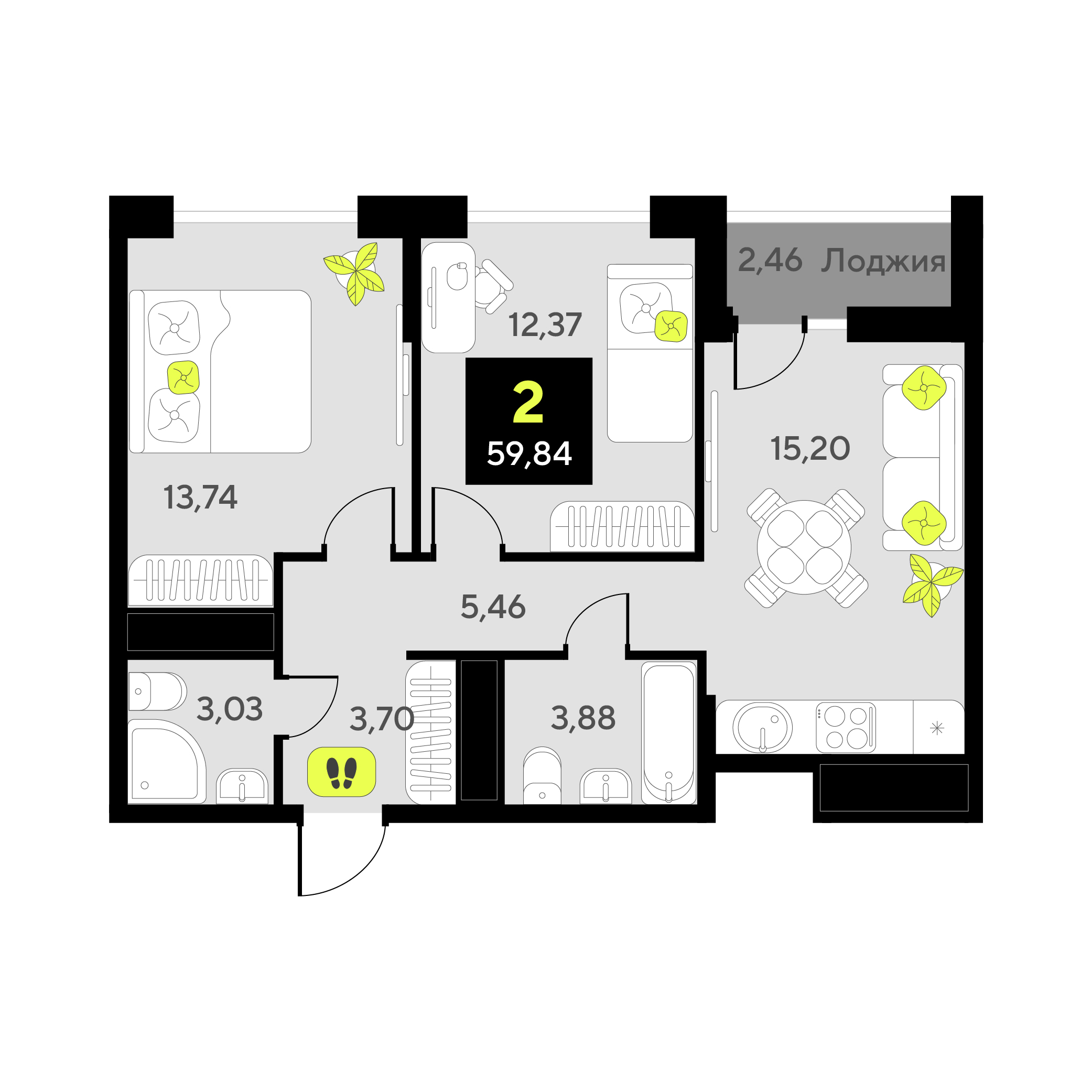 Планировка: Евротрешка 59.8 м² в ЖК Окинава, 5-й Заречный