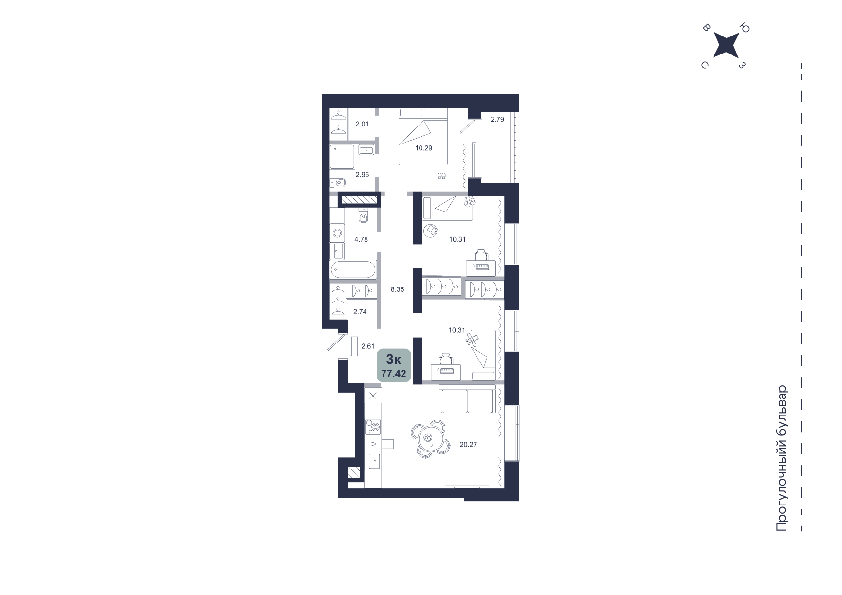 Планировка: 4-комнатная евро 77.4 м² в ЖК Хито, От Слободы до Комарово парк