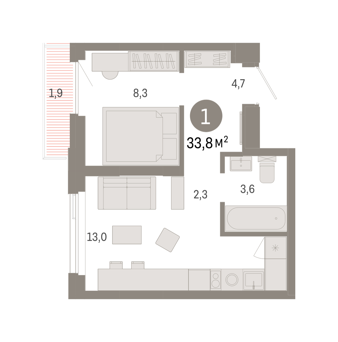 Планировка: Евродвушка 33.8 м² в ЖК Зарека, Заречный