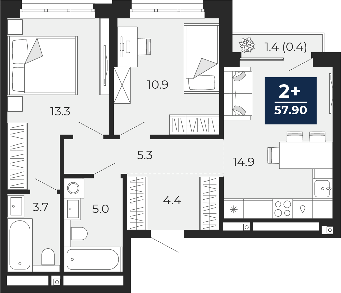 Планировка: Евротрешка 58.9 м² в ЖК Мириады, Мыс