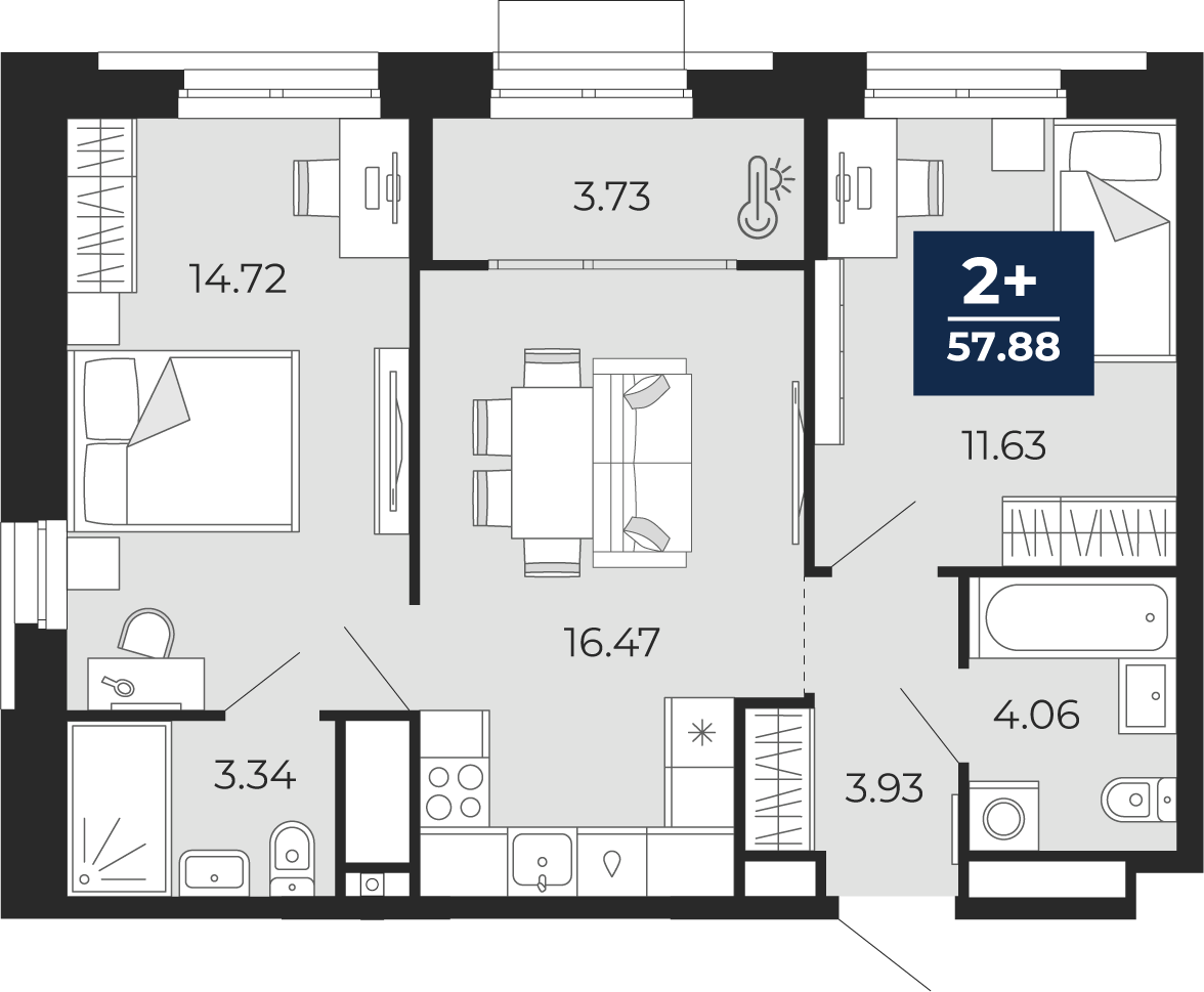 Планировка: Евротрешка 57.9 м² в ЖК Мириады, Мыс