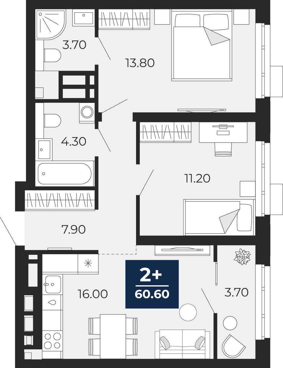 Планировка: Евротрешка 60.6 м² в ЖК Айвазовский, 5-й Заречный