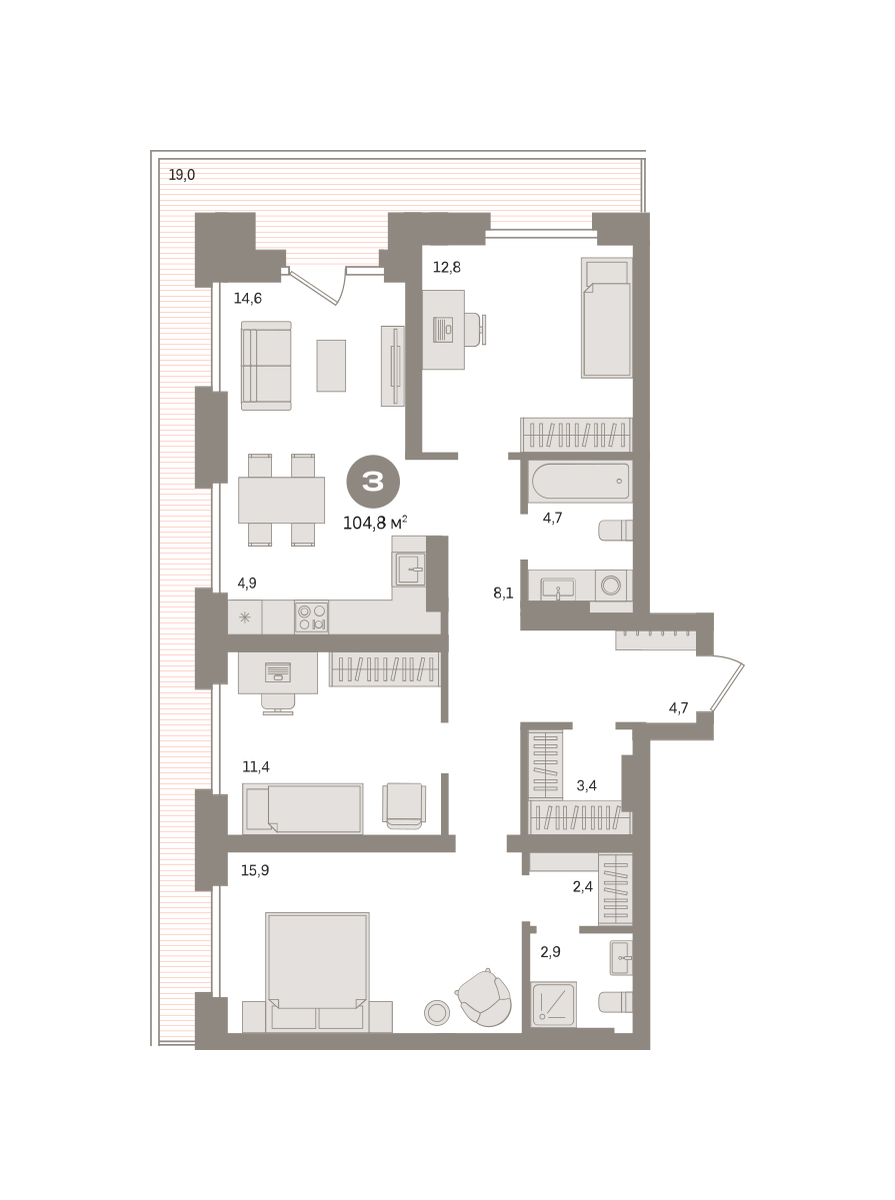 Планировка: 4-комнатная евро 104.8 м² в ЖК Речной порт, Центр: Дом печати