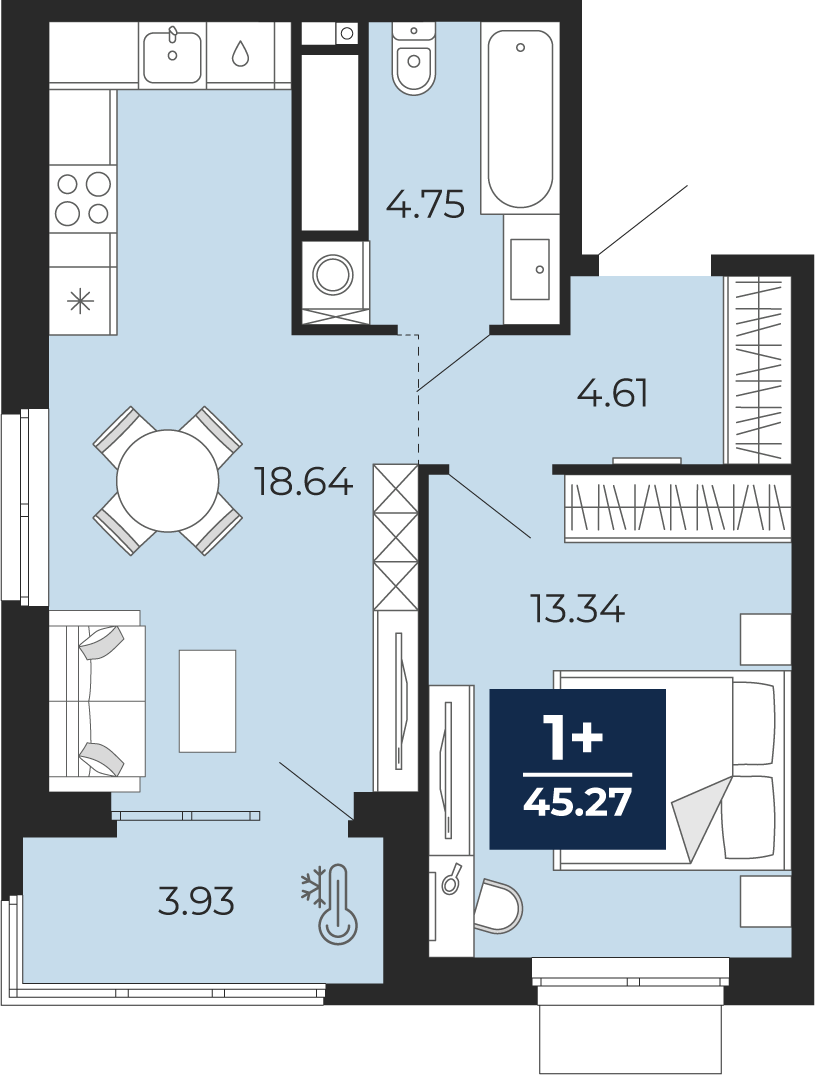 Планировка: Евродвушка 45.3 м² в ЖК Мириады, Мыс