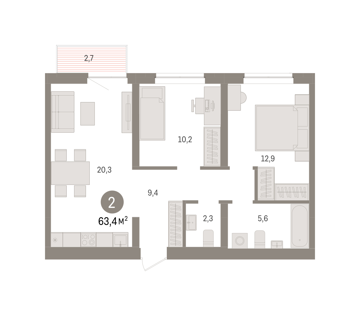 Планировка: Евротрешка 63.4 м² в ЖК Речной порт, Центр: Дом печати