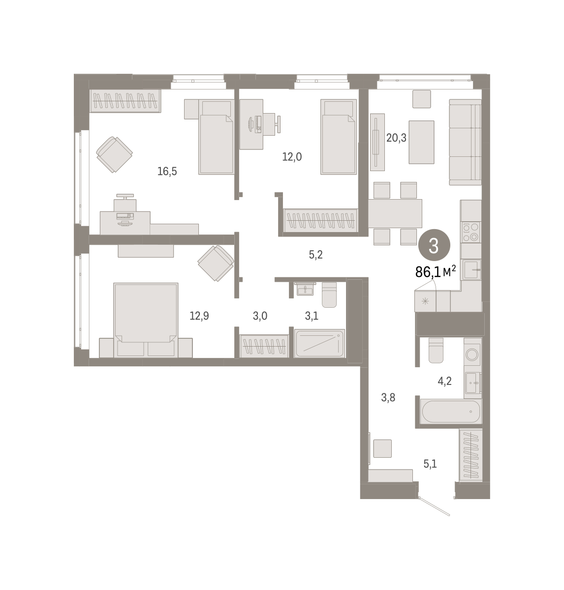 Планировка: 4-комнатная евро 86.1 м² в ЖК Республики 205, Центр: КПД