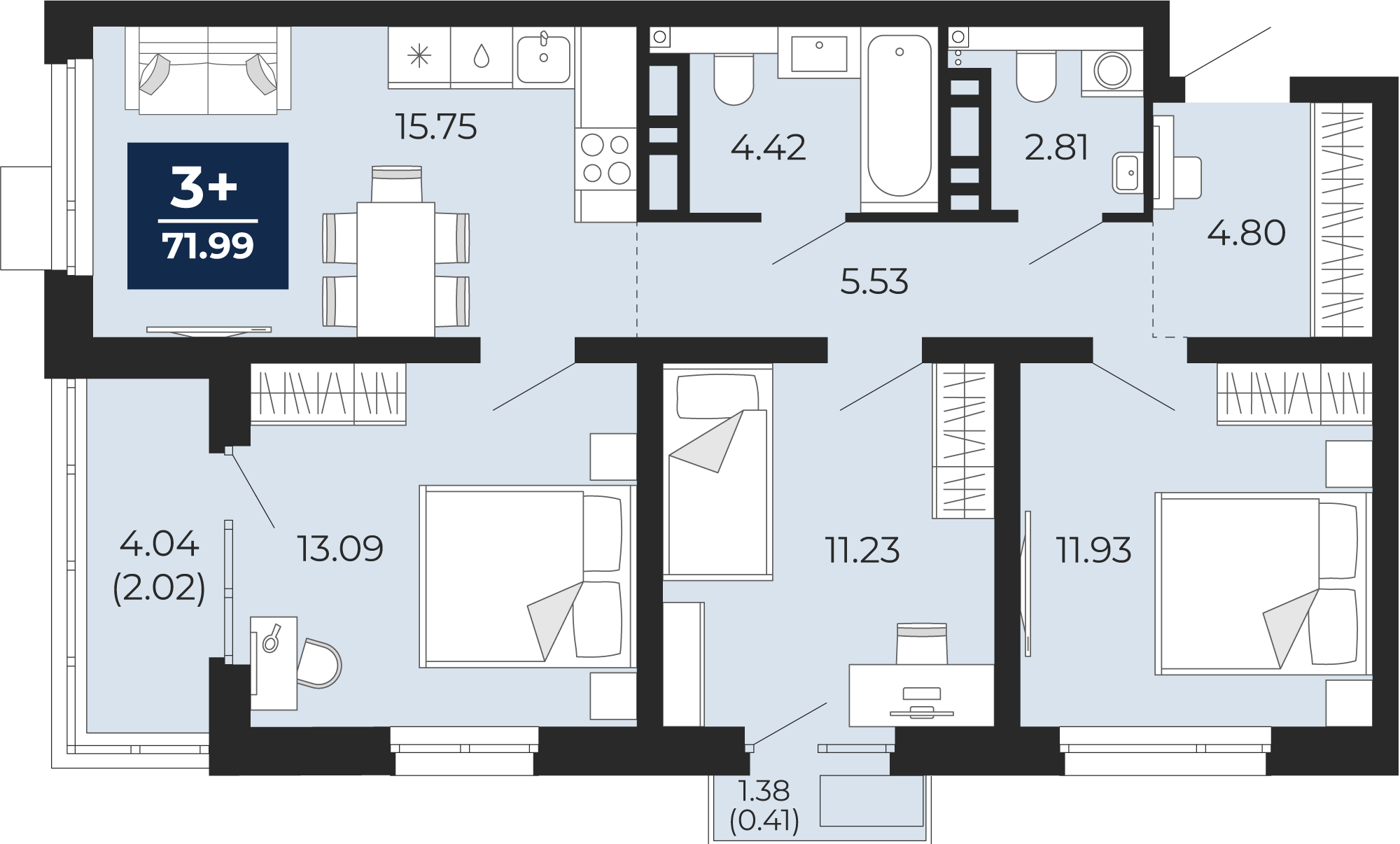 Планировка: 4-комнатная евро 75 м² в ЖК Прео, Тюменская слобода