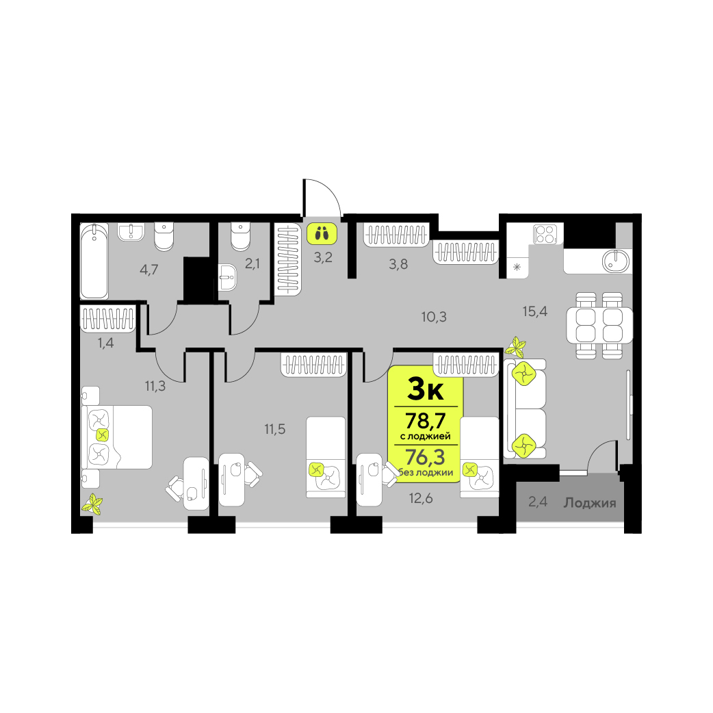 Планировка: 4-комнатная евро 76.3 м² в ЖК Дивный квартал у озера, 5-й Заречный