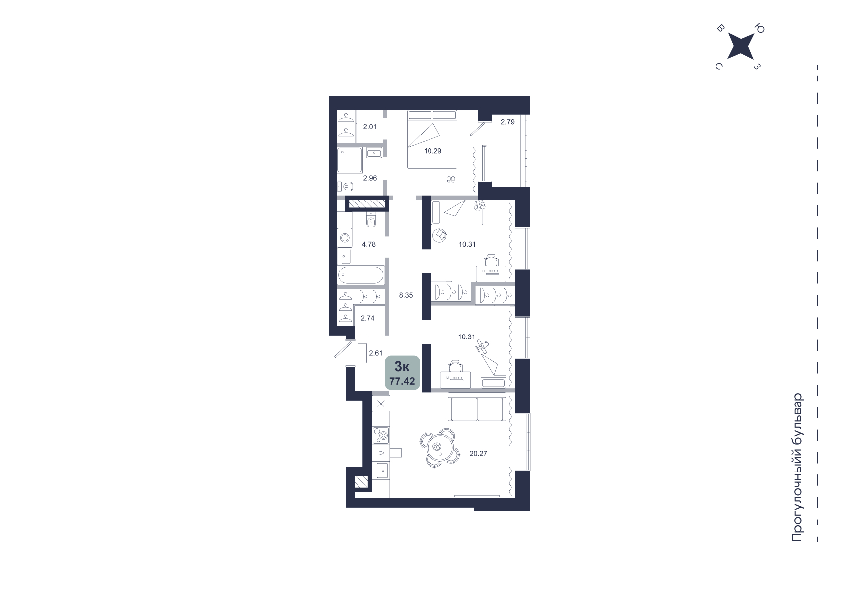 Планировка: 4-комнатная евро 77.4 м² в ЖК Хито, От Слободы до Комарово парк
