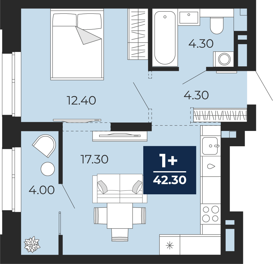 Планировка: 1-комнатная 42.3 м² в ЖК Айвазовский, 5-й Заречный