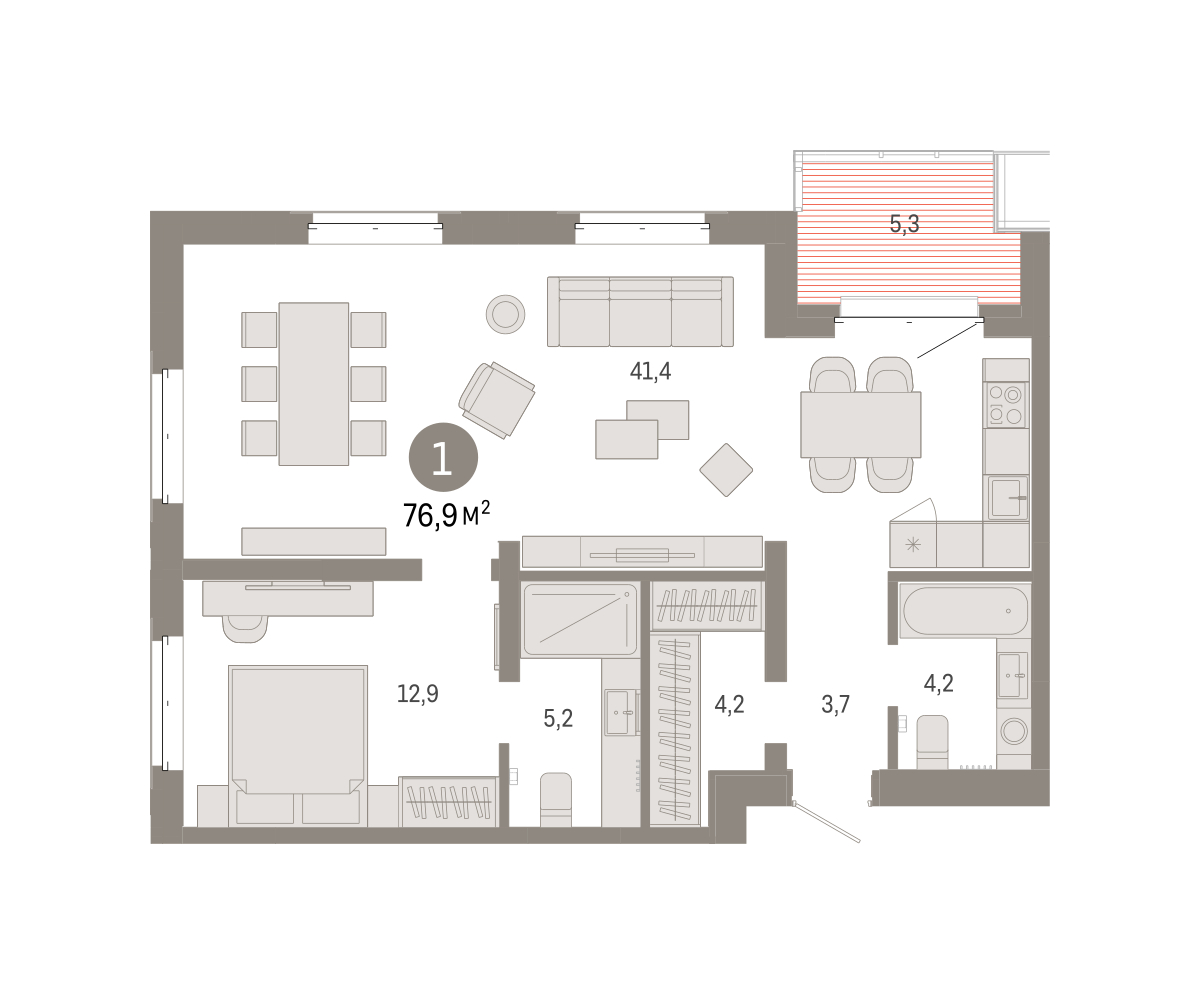 Планировка: 1-комнатная 76.8 м² в ЖК На Минской, Центр: Драмтеатр