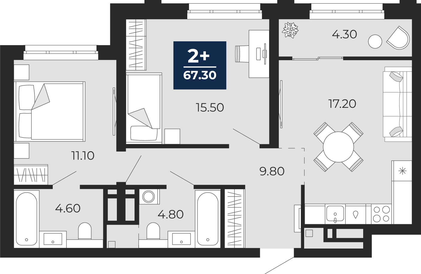 Планировка: Евротрешка 67.3 м² в ЖК Айвазовский, 5-й Заречный
