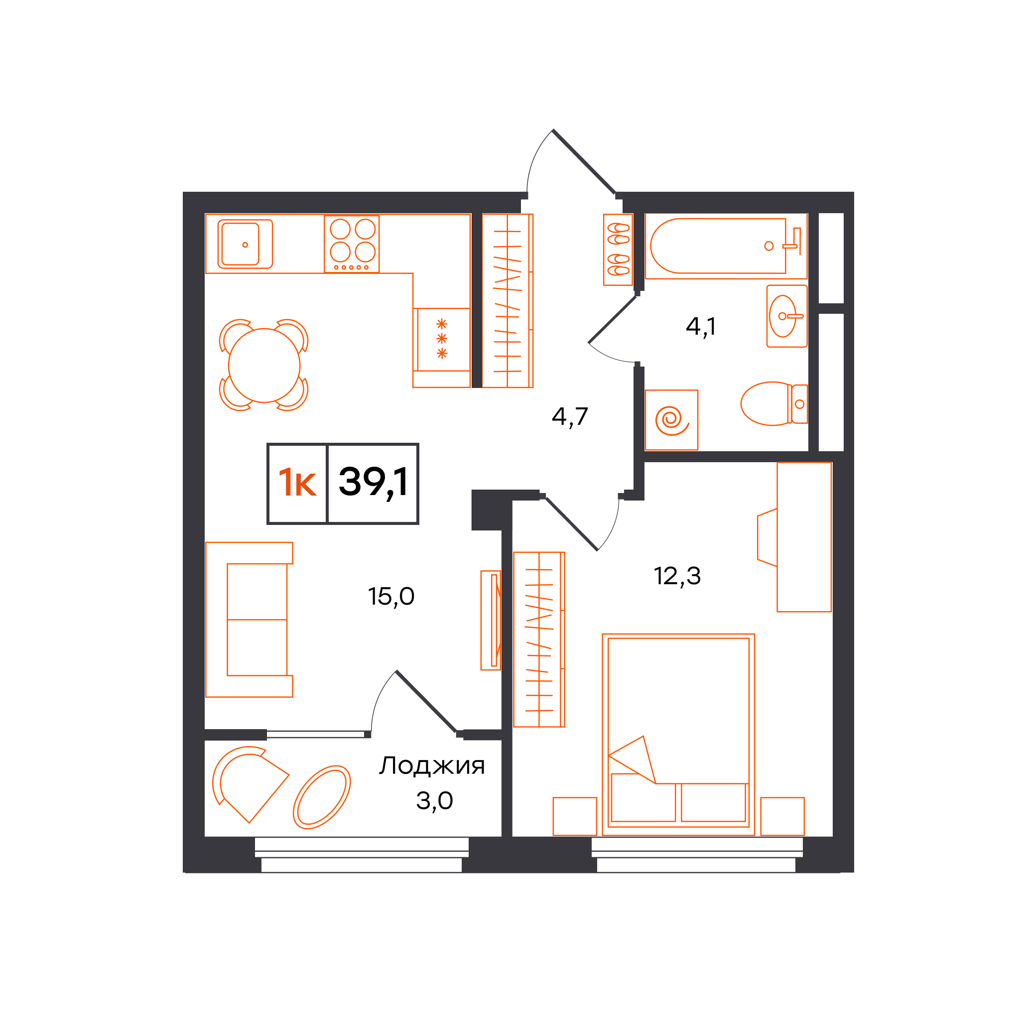 Планировка: Евродвушка 39.1 м² в ЖК Отличие, Комарово Парк