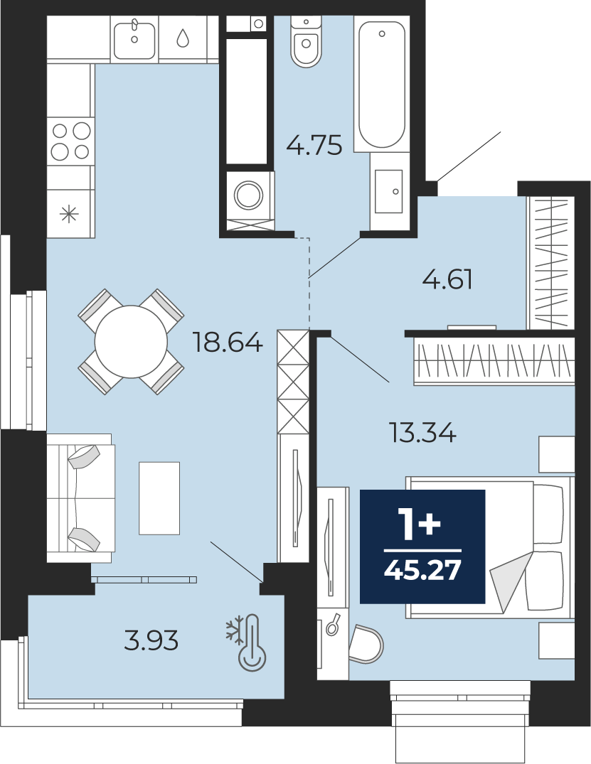 Планировка: Евродвушка 45.3 м² в ЖК Мириады, Мыс