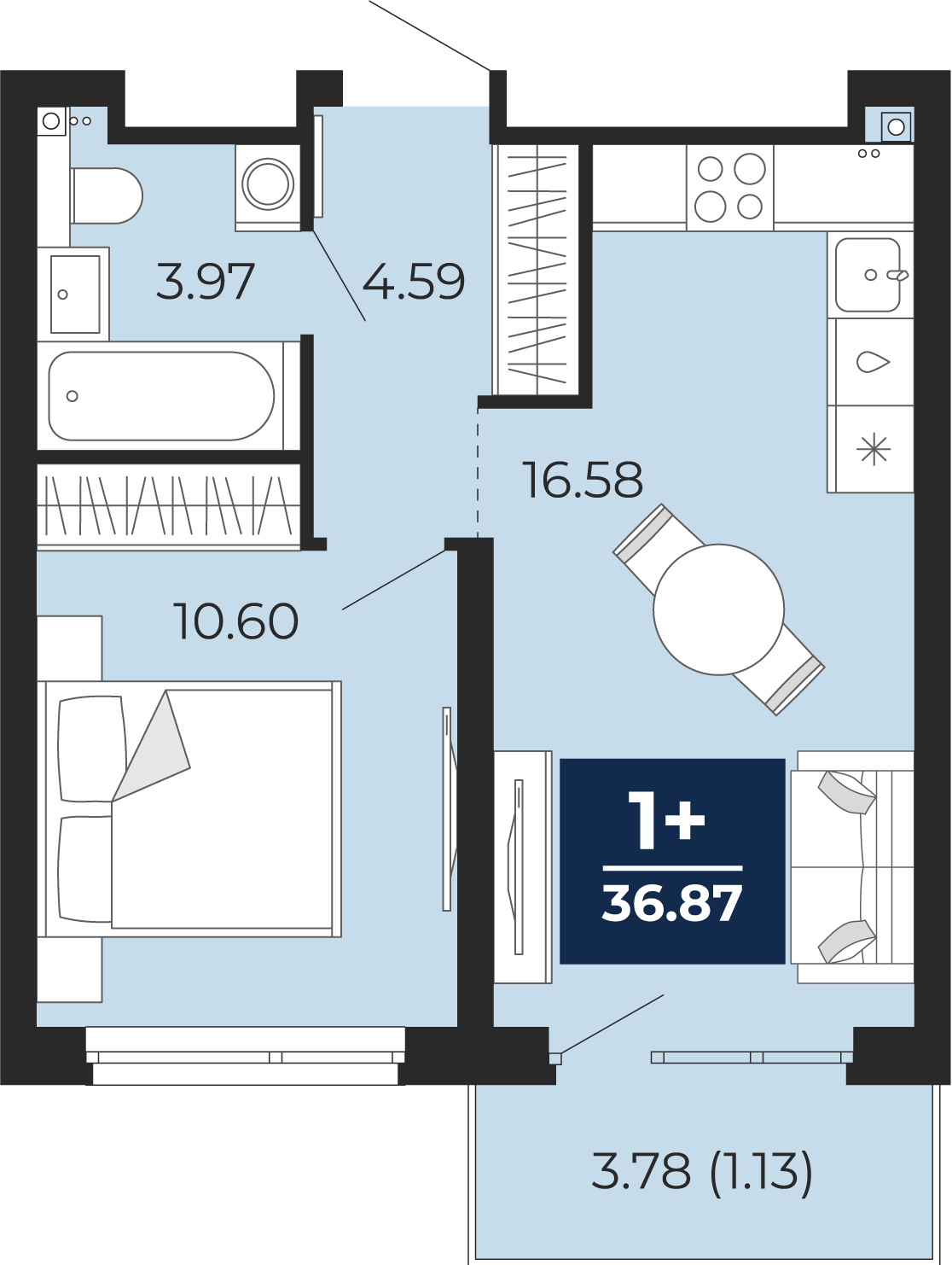 Планировка: Евродвушка 39.5 м² в ЖК Прео, Тюменская слобода