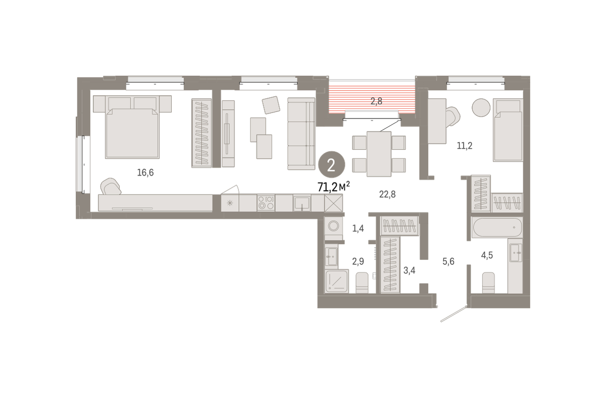 Планировка: Евротрешка 71.2 м² в ЖК На Минской, Центр: Драмтеатр