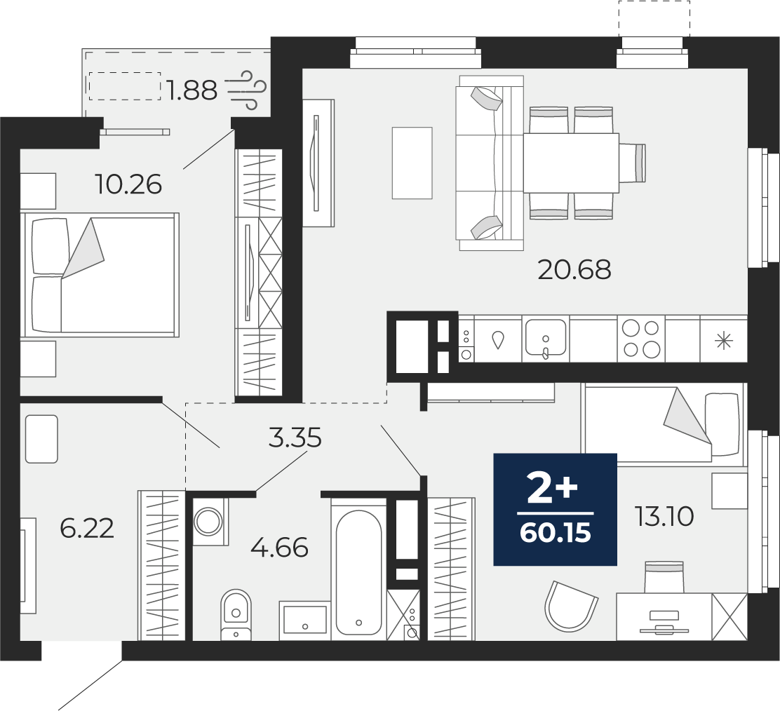 Планировка: Евротрешка 60.1 м² в ЖК Мириады, Мыс
