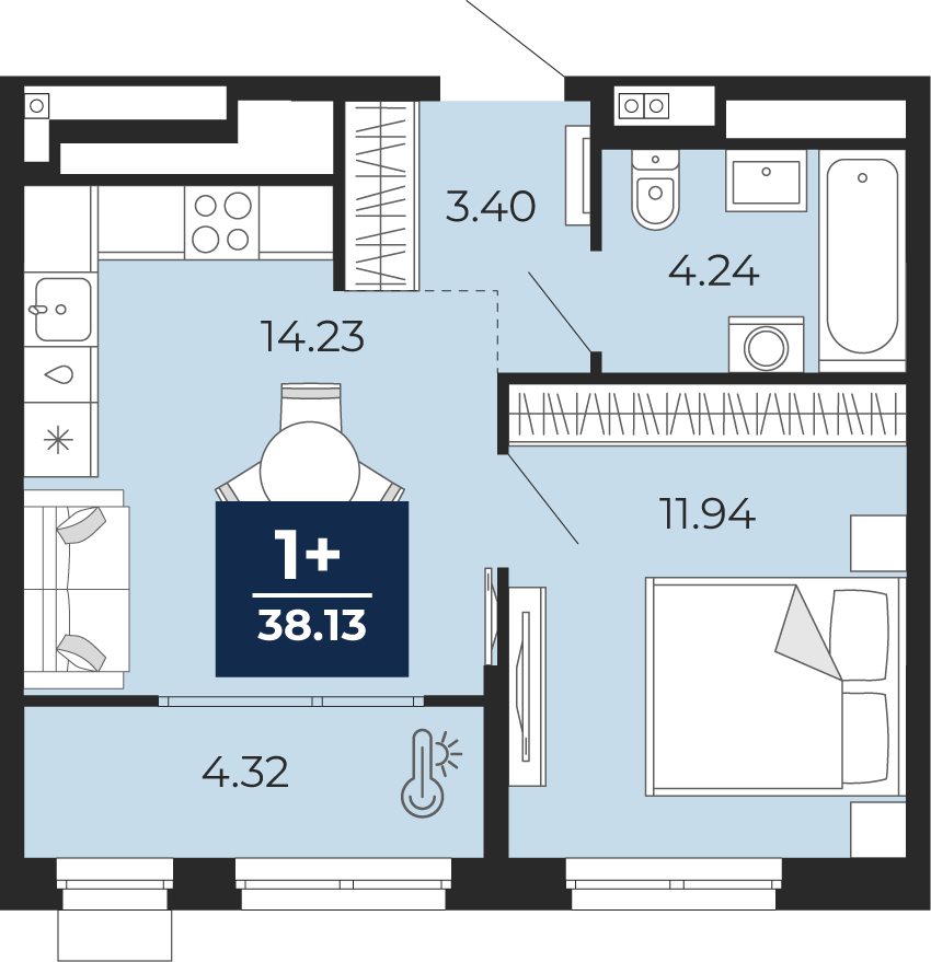 Планировка: Евродвушка 38.1 м² в ЖК Мириады, Мыс