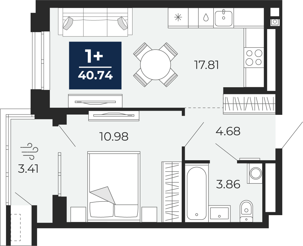 Планировка: 1-комнатная 40.7 м² в ЖК Мириады, Мыс