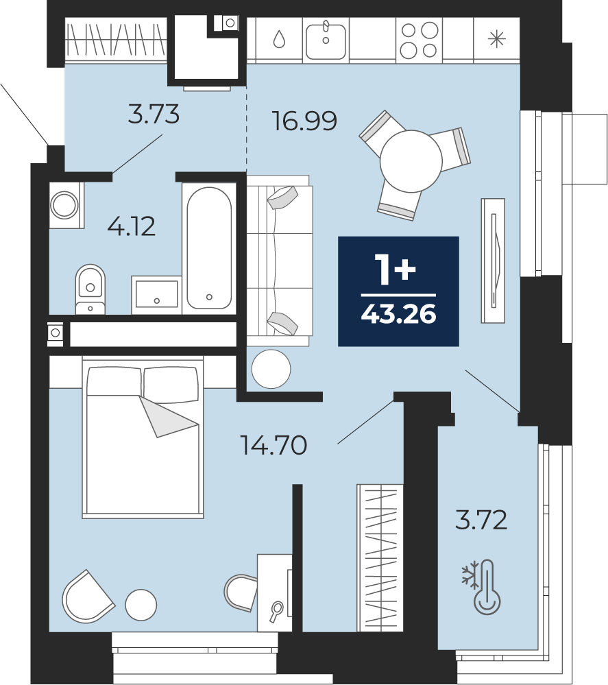 Планировка: Евродвушка 43.3 м² в ЖК Мириады, Мыс